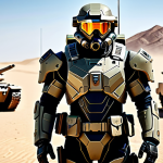 ** "A skilled Terran commander, fully clothed in futuristic military armor, strategically commanding a large army of Marines and Siege Tanks on a desert battlefield, appropriate attire, safe for work, perfect anatomy, professional, high quality."

**