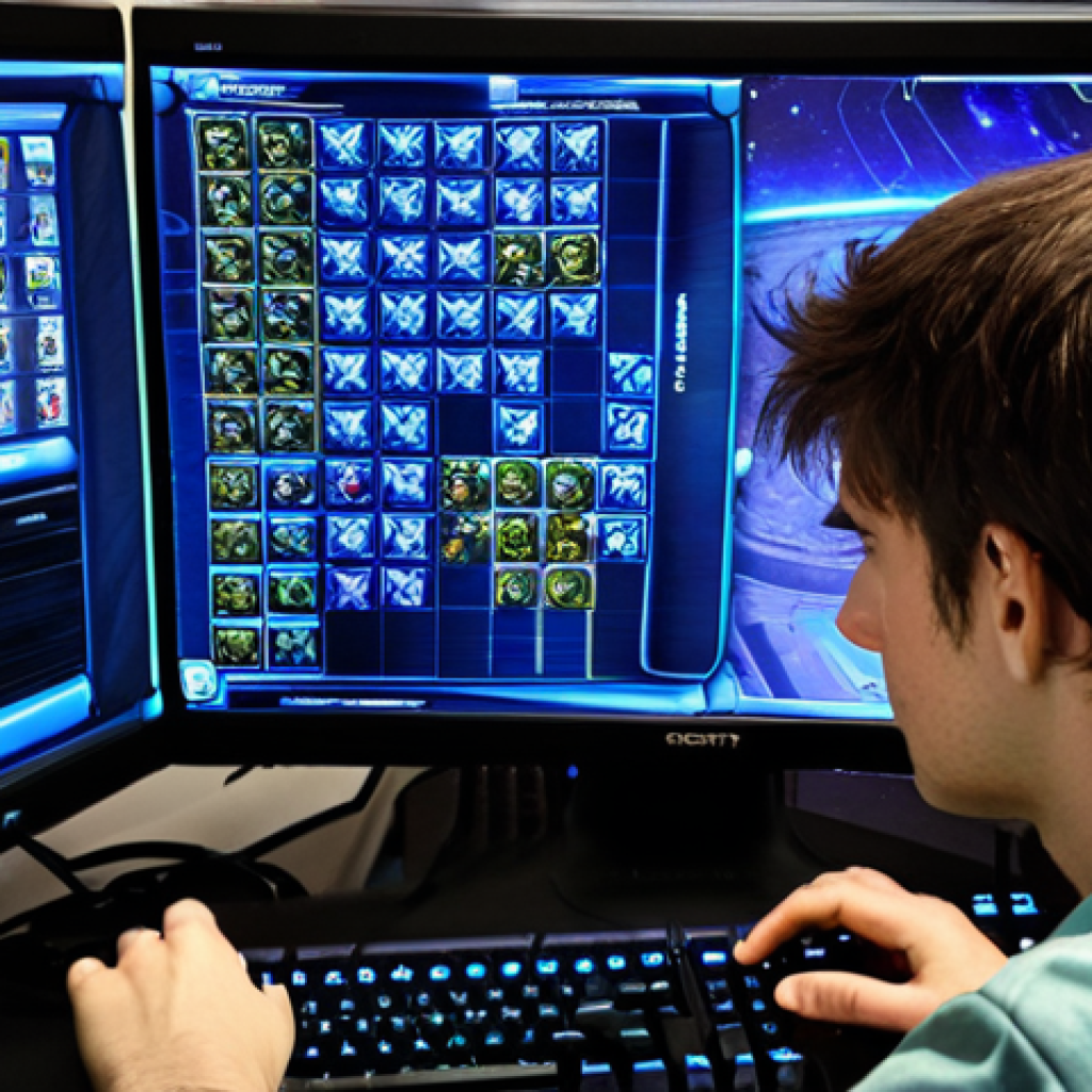 스타크래프트2 플레이 하이라이트 - **Image Prompt:** "A strategy game player intensely focused on a computer screen, managing resources...