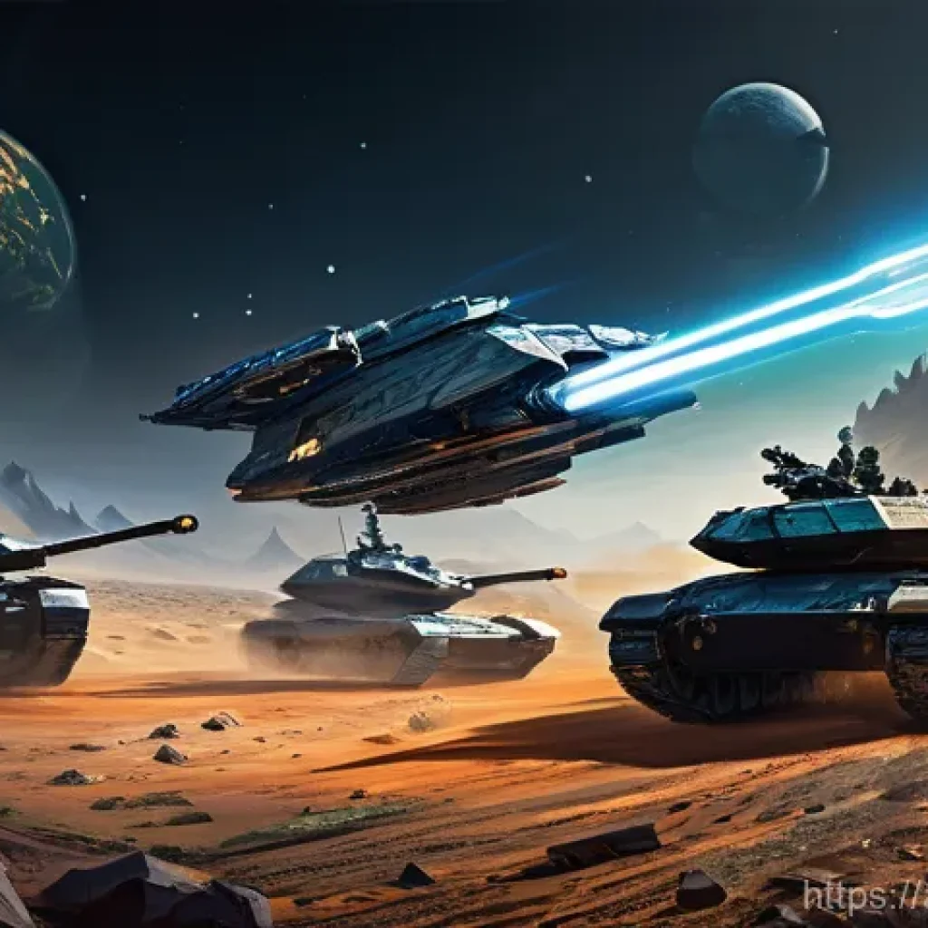 스타크래프트2 병력 이동 명령 - **Prompt:** "A sprawling futuristic battlefield scene during an intense, coordinated skirmish. Diver...