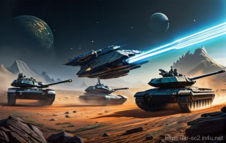 스타크래프트2 병력 이동 명령 - **Prompt:** "A sprawling futuristic battlefield scene during an intense, coordinated skirmish. Diver...