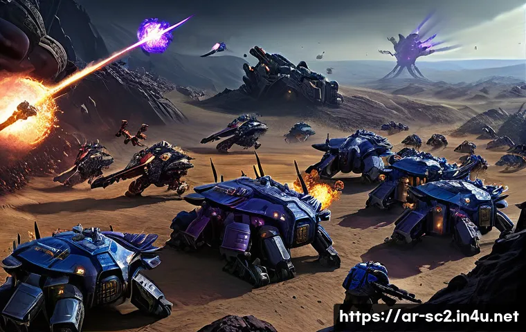 스타크래프트2 캠페인 모드 공략 - **Terran Defensive Stand Against Zerg Swarm**
    A highly detailed, cinematic rendering of a desper...
